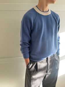 Light blue cashmere sweater with contrast colour neck