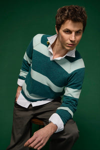 Knitted green striped cashmere polo shirt