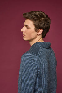 Two-tone blue ribbed knitted jumper