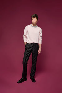 Light pink cashmere crew neck jumper with contrast colour neck